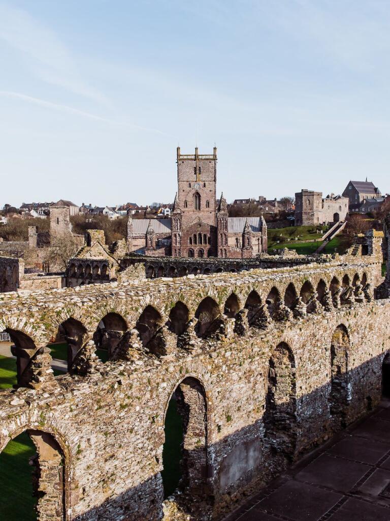 Bishop's Palace with St Davids Cathedral in the background.