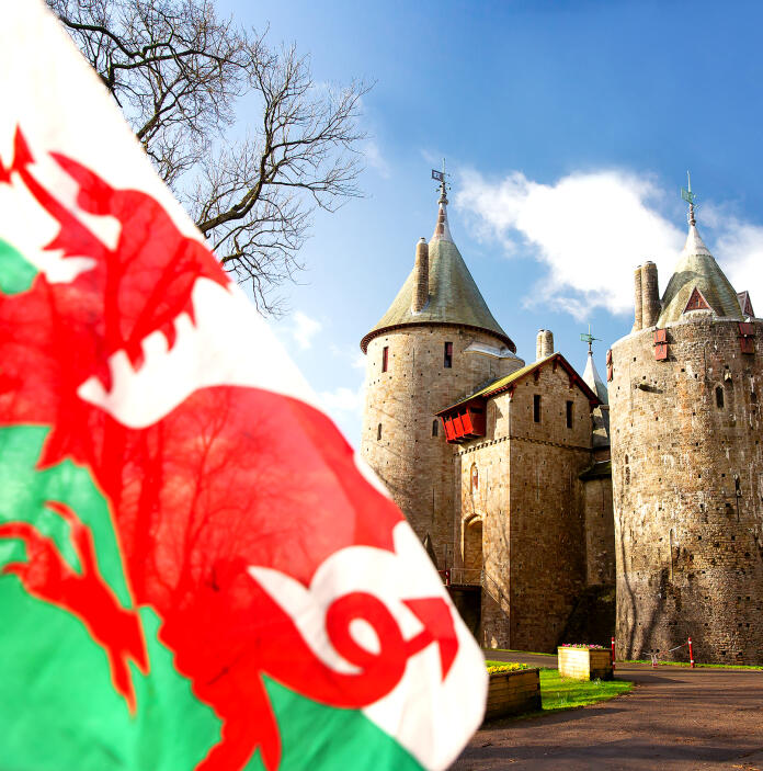 The Welsh flag flying outside Castell Coch