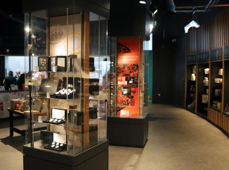 Coin and other displays at The Royal Mint Experience.
