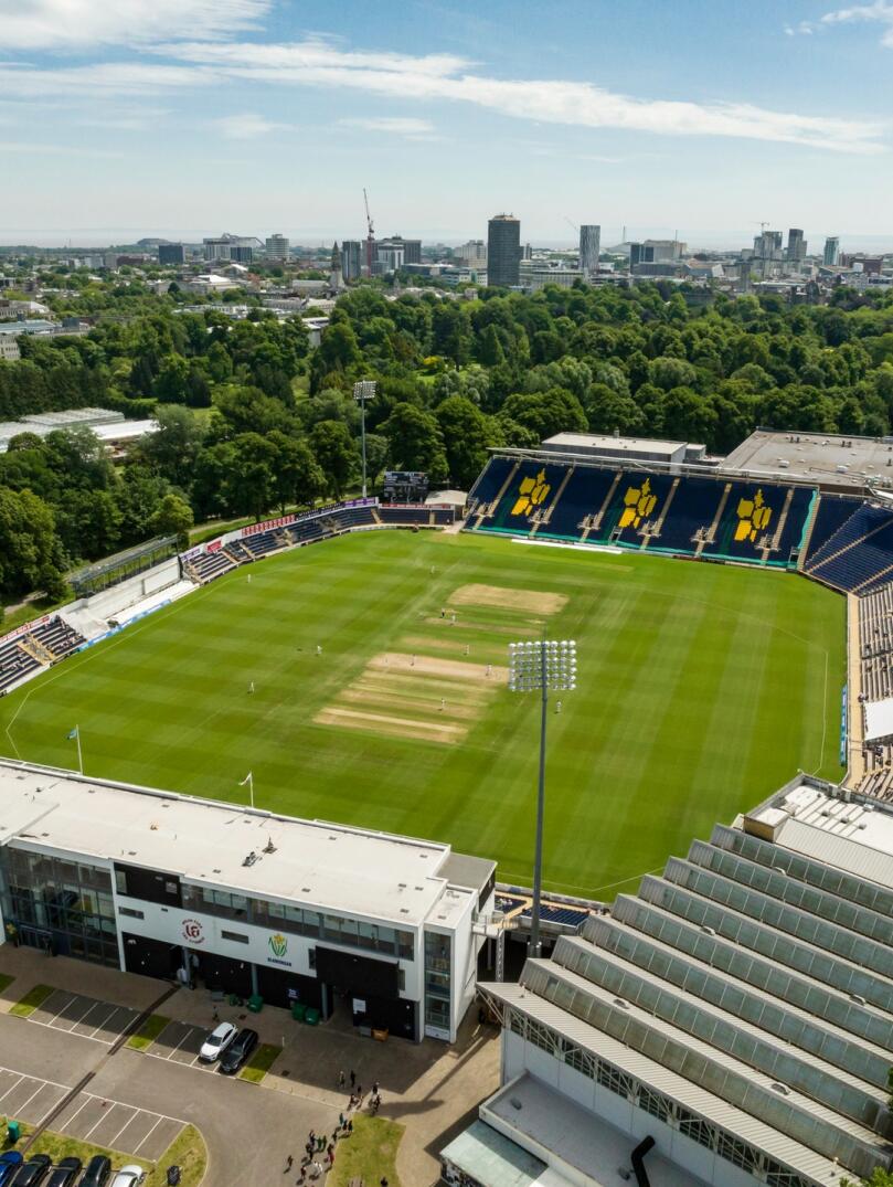 Aerial shot of a cricket ground.