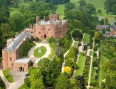 Aerial view of Powis Castle and the gardens.