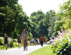 A man on a bike and people walking on a path in a park.