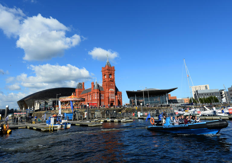 A waterside view of Cardiff's bay area.