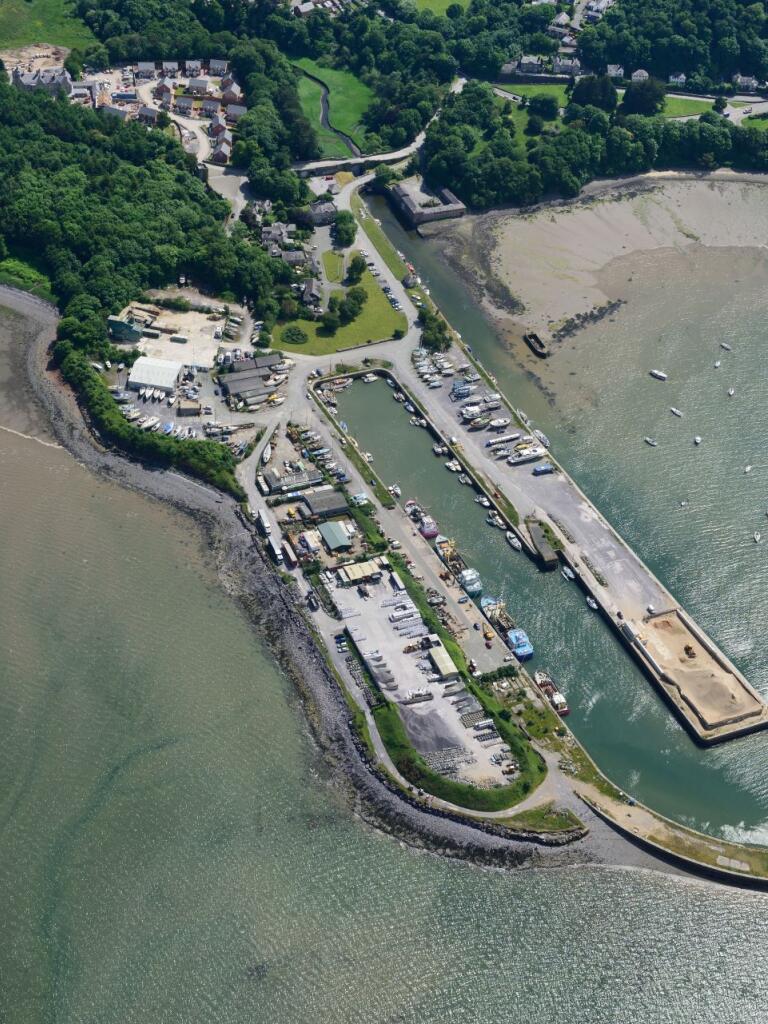 An aerial shot of an industrial port.
