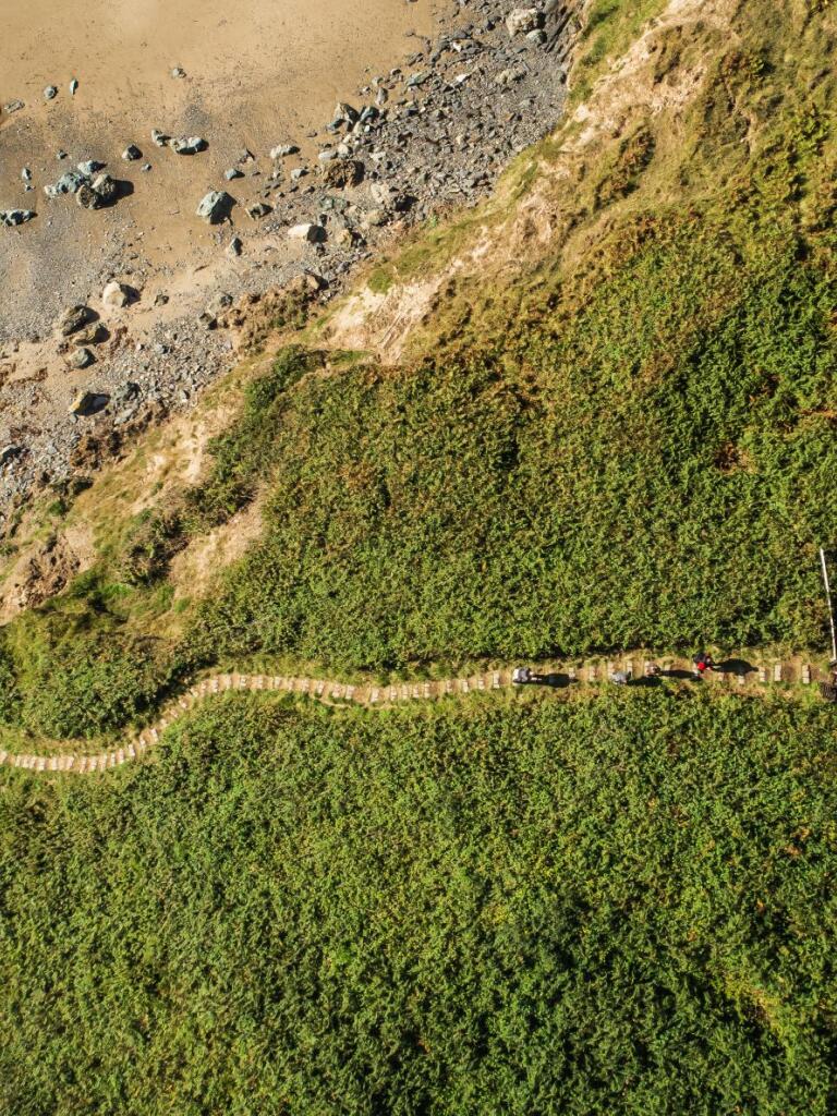 Aerial shot of Wales Coast Path amongst lush green hedgerow leading to the beach.