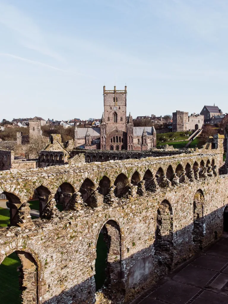 Bishop's Palace with St Davids Cathedral in the background.