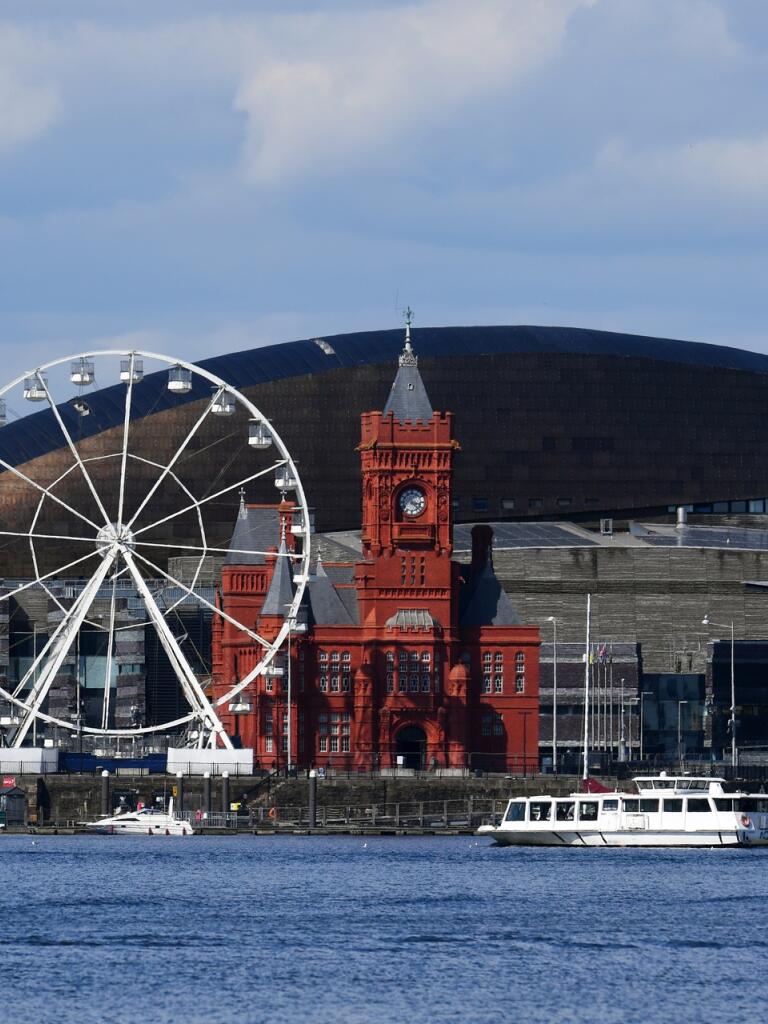 Views of the attractions at Cardiff Bay from the water.