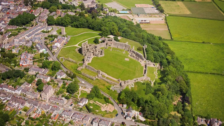 An aerial shot of Denbigh Castle.