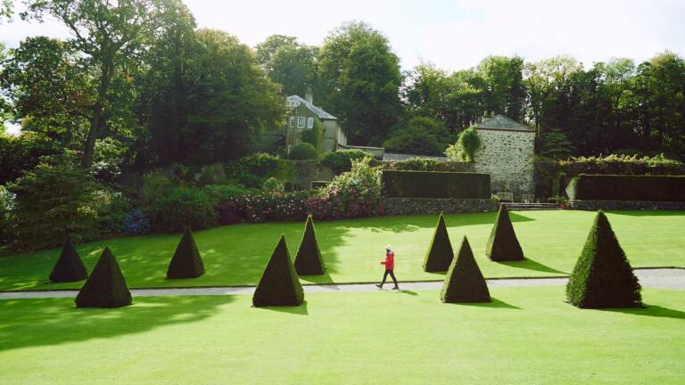 A person walking through a garden lined with topiary coned hedges.