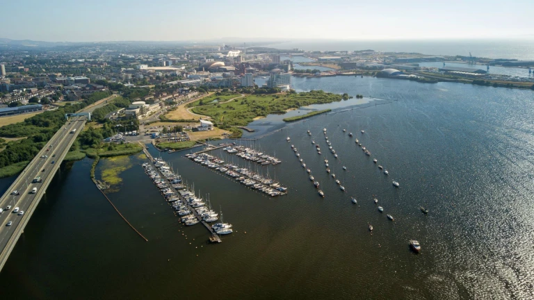 Aerial shot the marina andf Cardiff Bay.