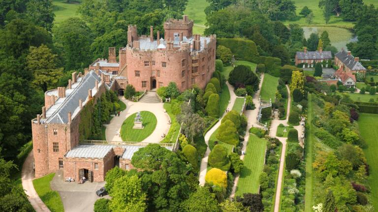 Aerial view of Powis Castle and the gardens.