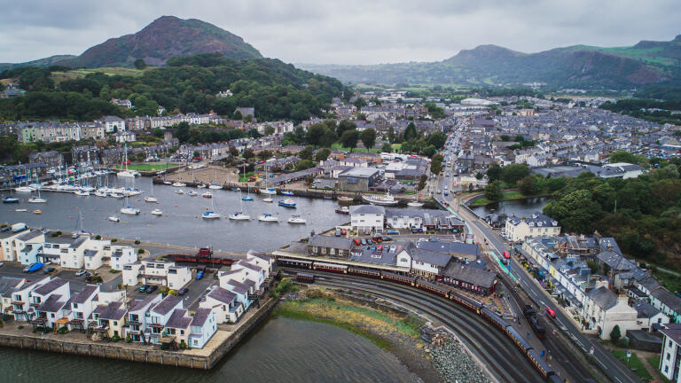 Porthmadog harbour and town from above.