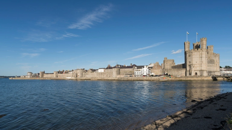 A castle and town walls along the quayside.