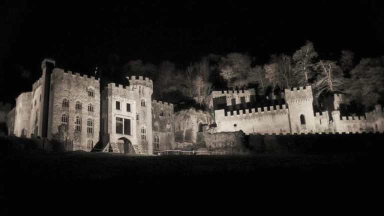 A castle in the spooky glow at nighttime.