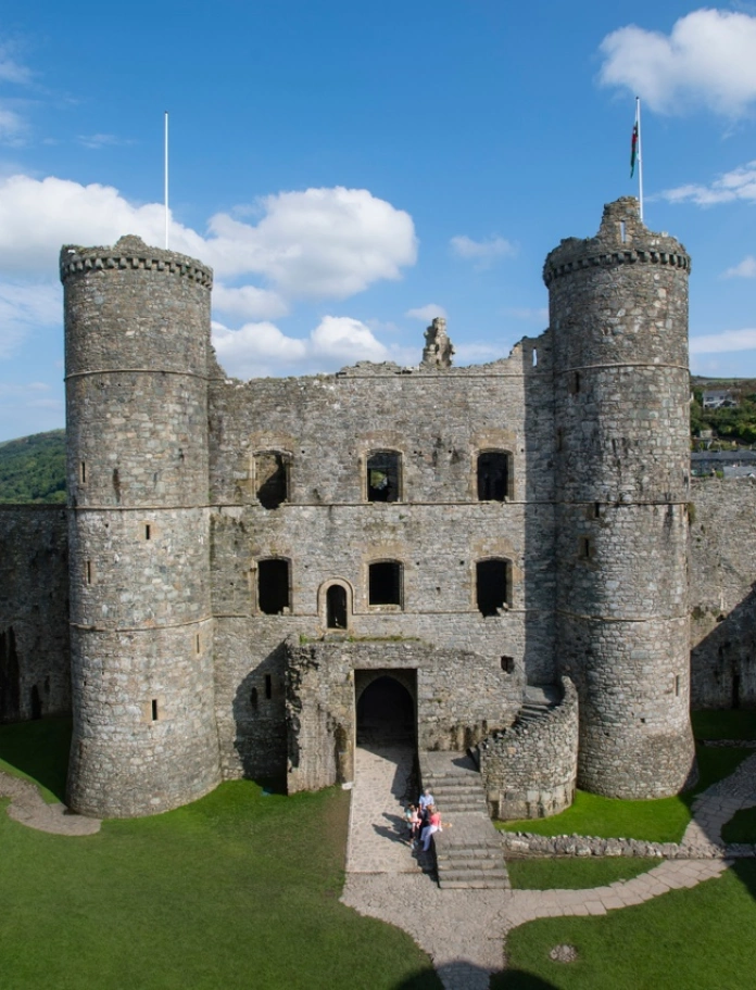 Two magnificent towers either side of the main entrance inside a castle.