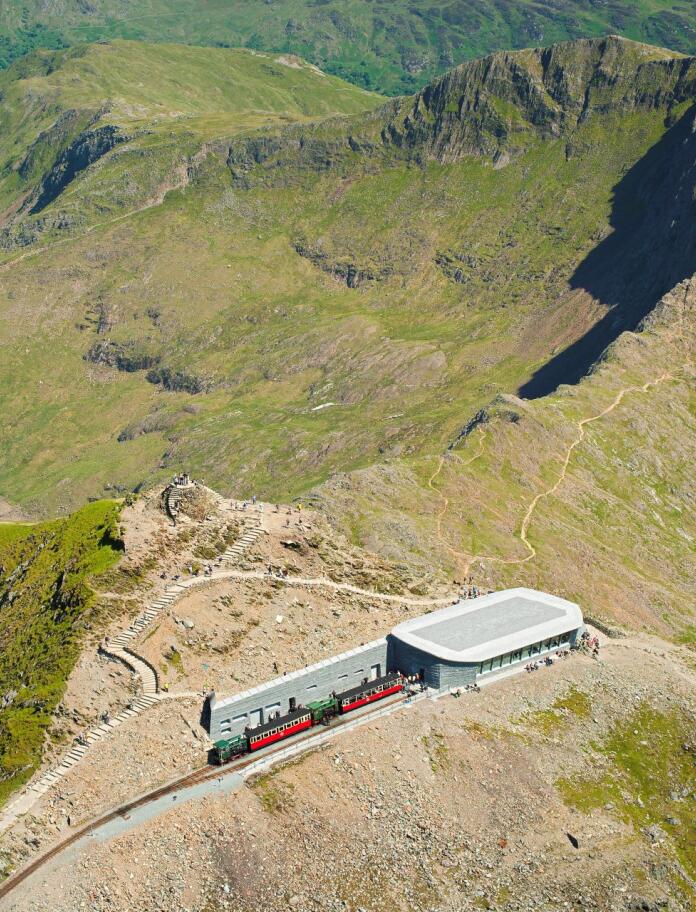 A steam train at the visitor centre on the summit of Snowdon mountain.