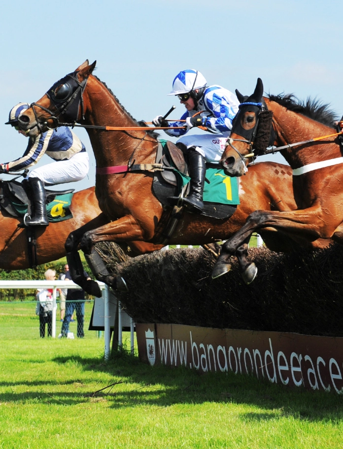 A group of jockeys jumping their horses over a fence at Bangor-on-Dee Racecourse.