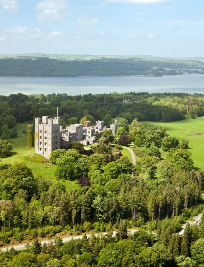 Aerial view of a castle and strait.
