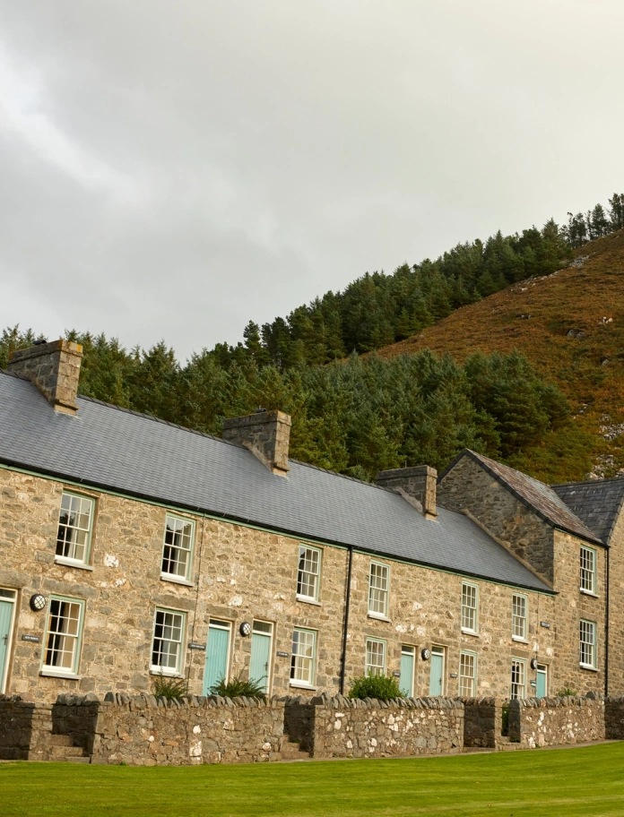 A row of terraced houses by a mountain backdrop.