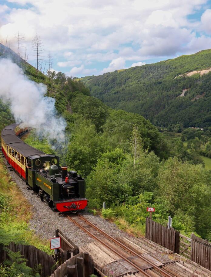 Steam train travelling through a valley