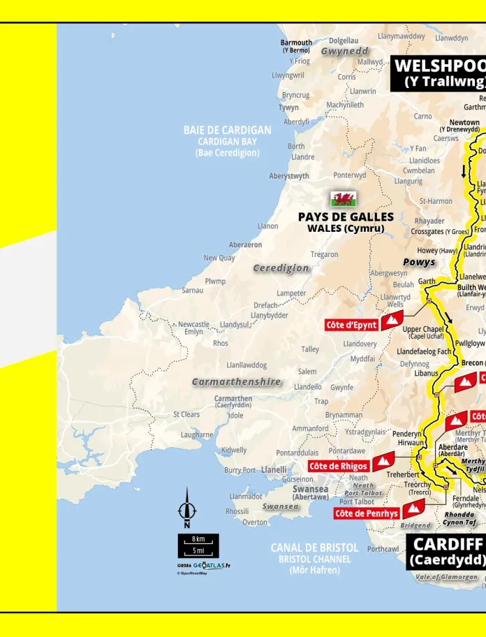 Map detailing The Tour de France 2027 route from Welshpool to Cardiff.