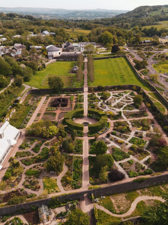 Aerial shot of a botanic garden and glasshouse.