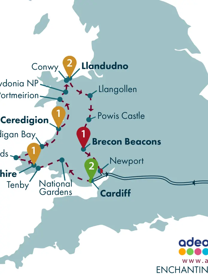 A map showing touring routes in Wales.