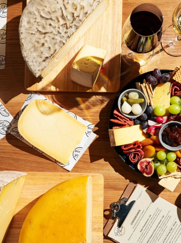 Overhead shot of Welsh cheeses and cheeseboard 