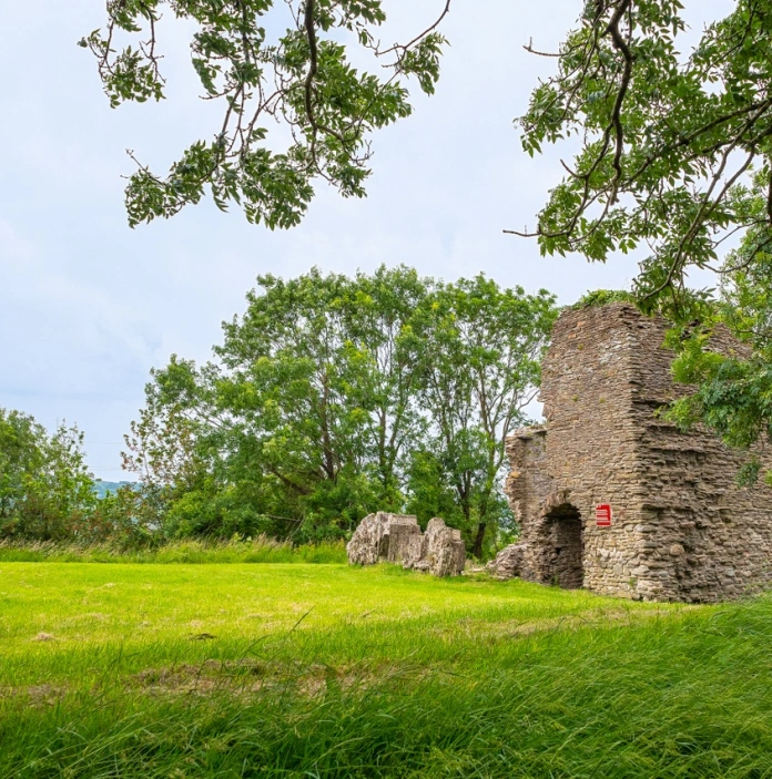 The ruins of a castle on lush green banks.