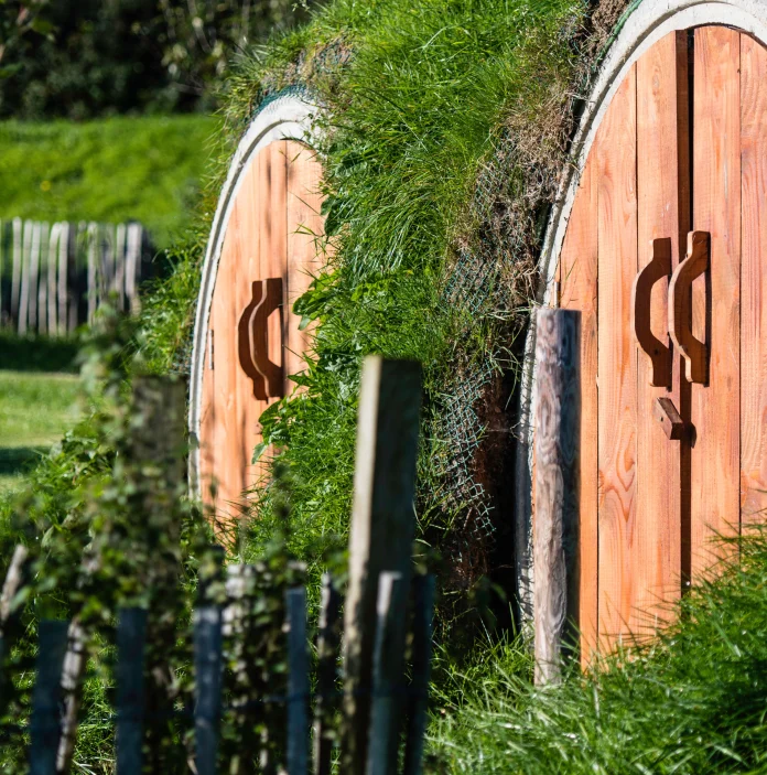 Two wooden huts covered with ferns and moss at Treberfedd Farm, Lampeter.