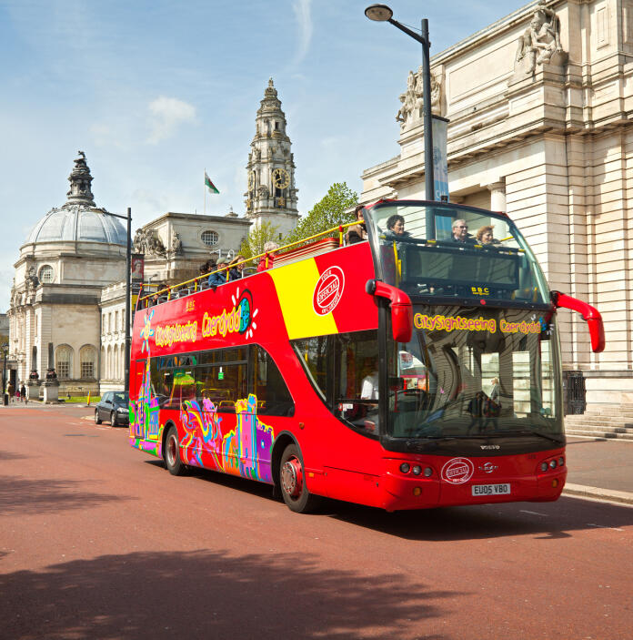 Image of a City Sightseeing bus outside National Museum in Cardiff