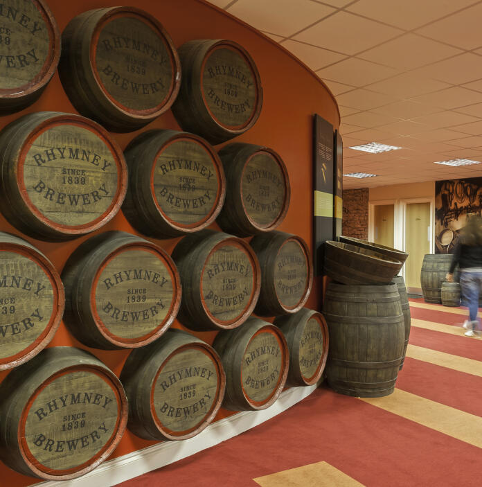 A display of barrels at the Visitor Centre, Rhymney Brewery.