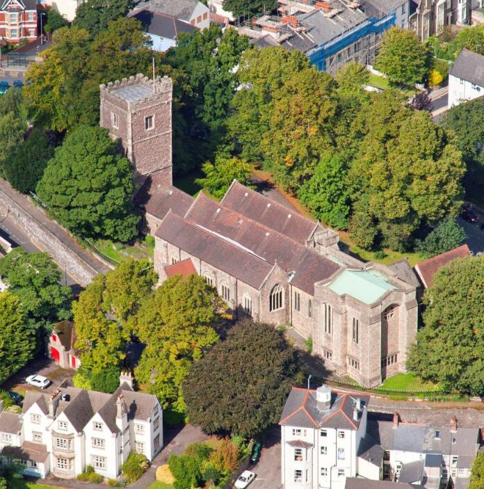 Aerial shot of Newport Cathedral.