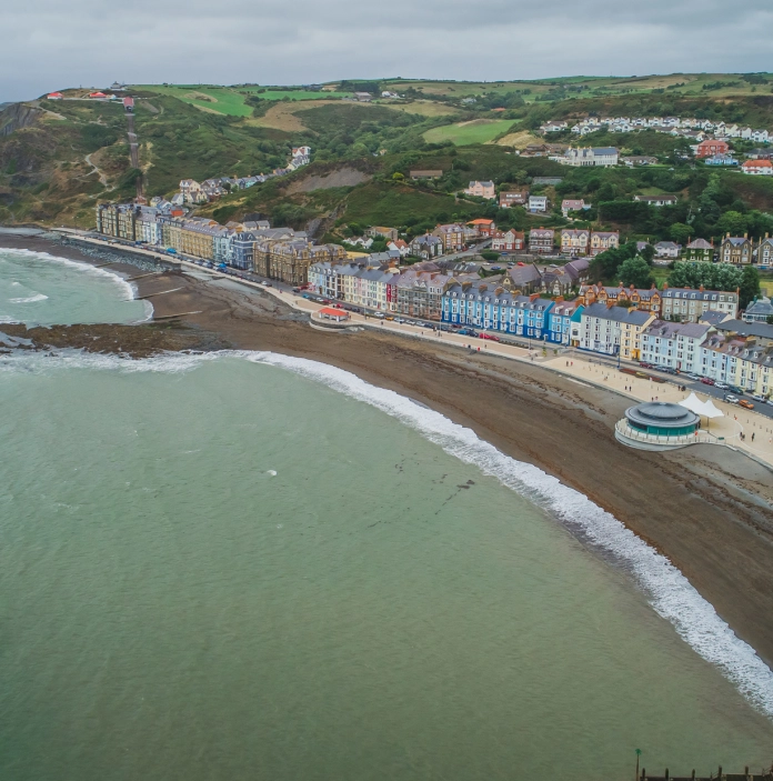 Aerial view of Aberystwyth showing the seafront.