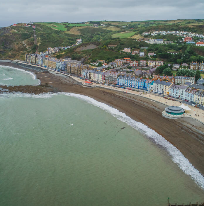 Aerial view of Aberystwyth showing the seafront.
