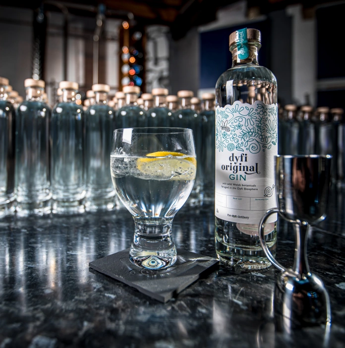 A bottle of gin and glass on a bar.