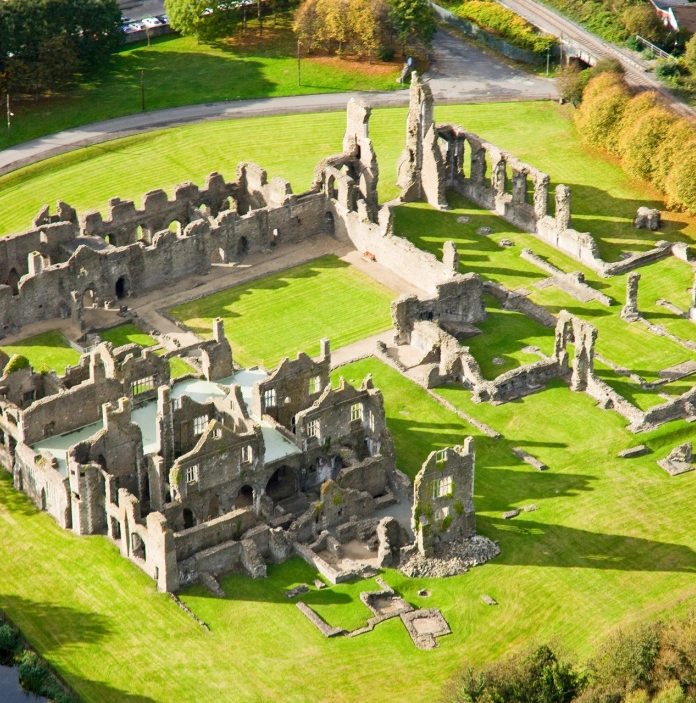 Aerial shot of an abbey.