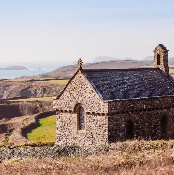 A small chapel with coastal views.
