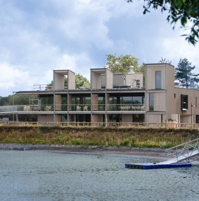 A visitor centre of the edge of a reservoir.