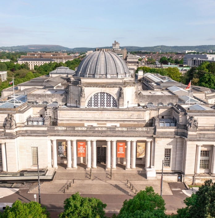 Aerial shot of a museum in a city centre.