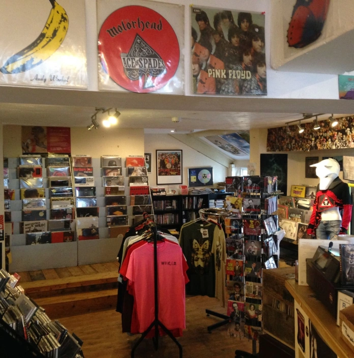 Inside a record store.
