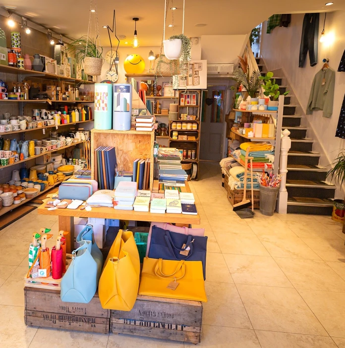 Inside a home accessories and clothes store.