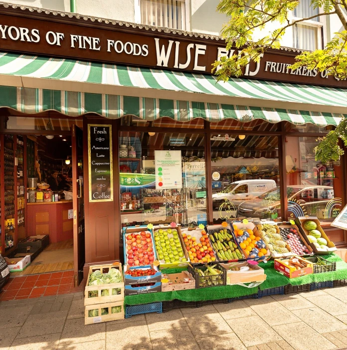 Shop front of a food and grocery store.