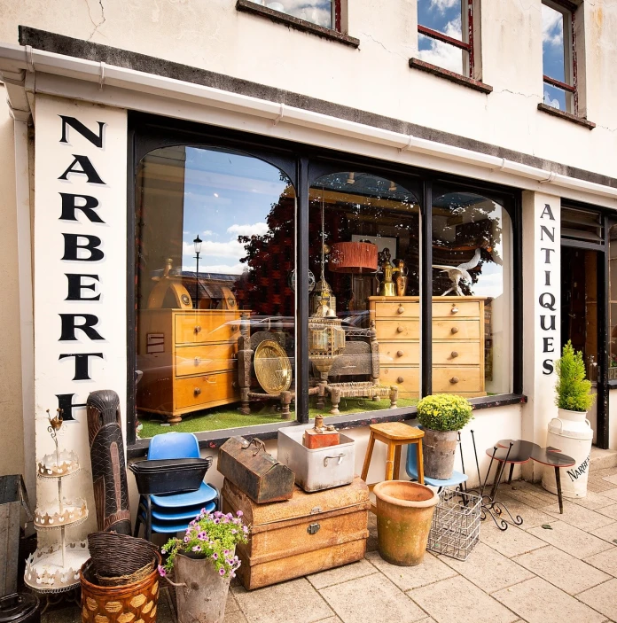 Shop front of an antiques store.