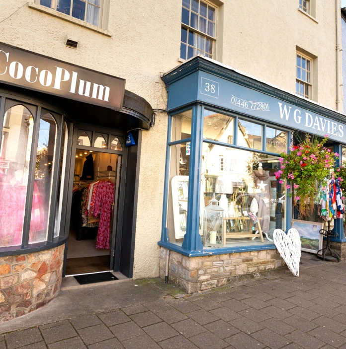 Shops on a high street.