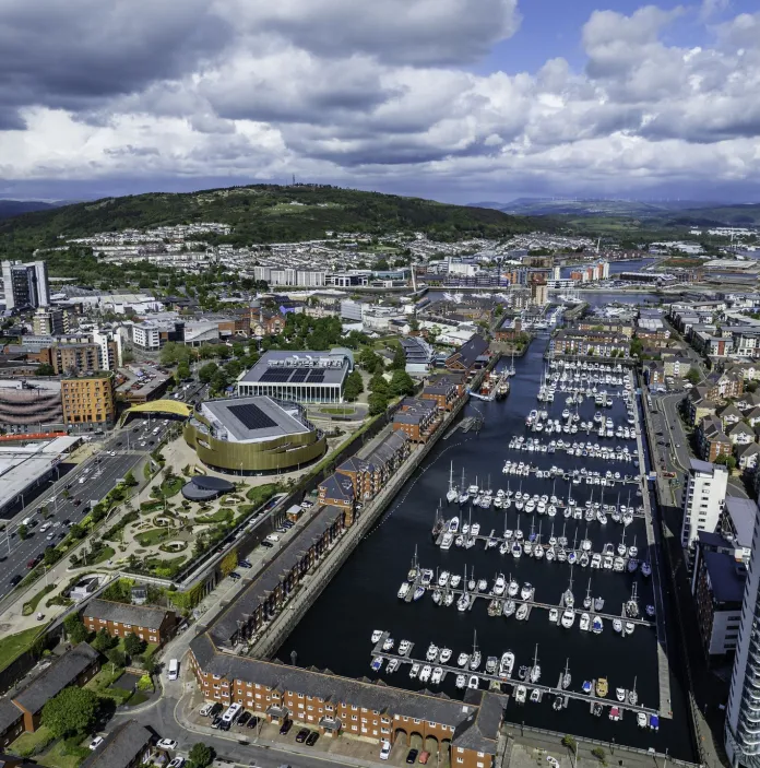Aerial shot of a marina.