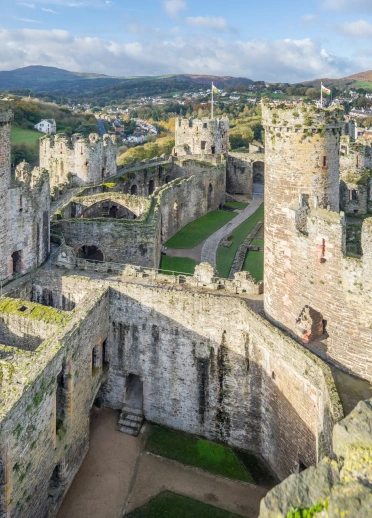 Aerial shot of a castle and town.