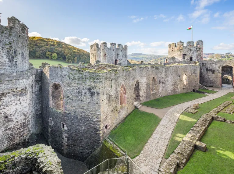 Turrets, walls and courtyard of a castle.