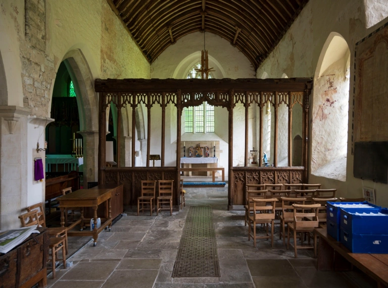 Inside an historical church looking towards the altar.