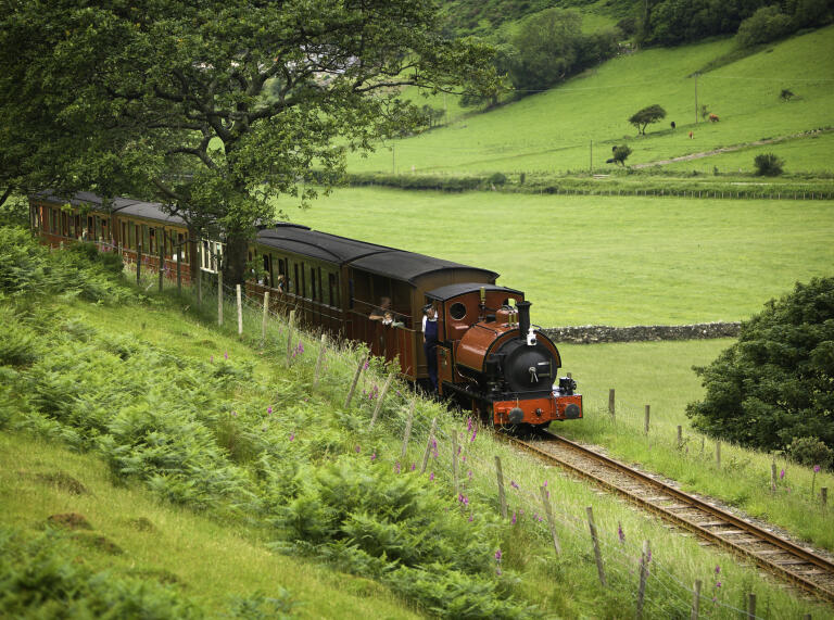 Talyllyn Railway steam train riding through lush green fields.